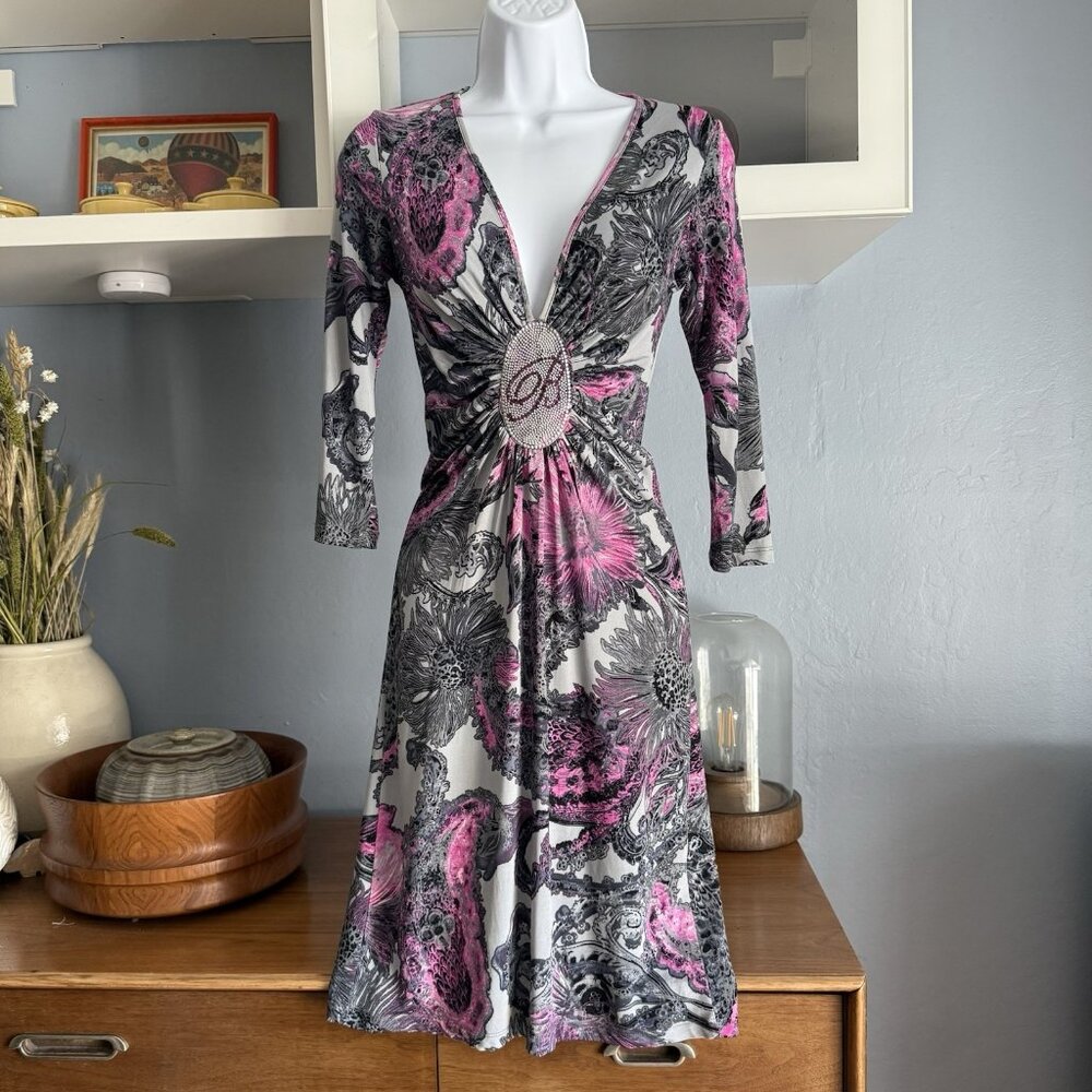 Blumarine Y2K Vtg Silk Paisley Print Studded Rhinestone Jersey Knit Dress 44
